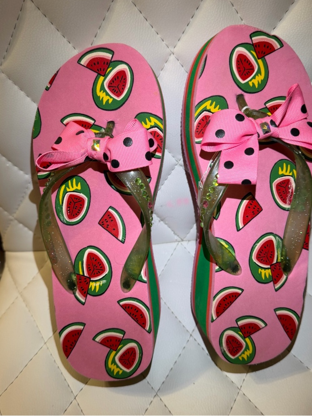 Pink Watermelon Print Flip Flops with Bow size 7/8